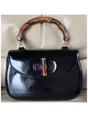 Rare Authentic Vintage Gucci 1947 Black Leather Bamboo Top Handle Turn Lock Bag